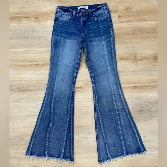 Buckle Bridge By GLY Mid Rise Super Flare Jeans in Blue Denim Frayed Hem Size 29 - Picture 2 of 13